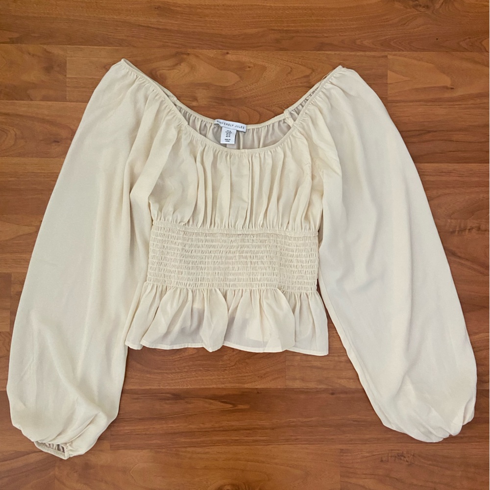 Cream Flowy Blouse with Flounce Long Sleeves in size Medium